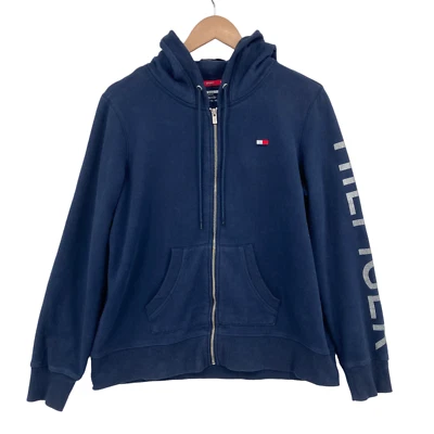 Tommy Hilfiger Sudadera con Capucha Mujer XL Azul Marino Manga Larga Logo Con Capucha Cordón Cremallera Completa Foto 1 de 4
