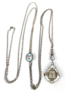 Bucherer Sterling Silver Guilloche Enamel Swiss Pendant Watch w Chain Works! - Picture 1 of 17