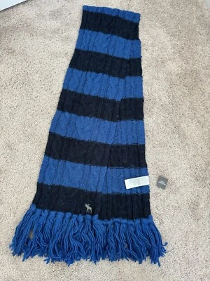 NUEVO CON ETIQUETAS Bufanda Abercrombie & Fitch Rayas Tejido con Cable Mezcla de Lana Azul Marino y Azul Foto 1 de 3