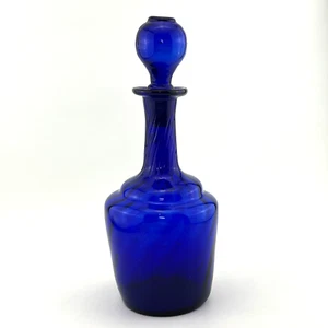 Hand Blown Cobalt Blue Swirl Glass Decanter Bottle with Glass Stopper 11.5" - Picture 1 of 12