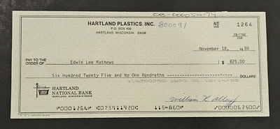 Rare 1988 EDDIE MATHEWS HARTLAND PLASTICS Endorsement Check-HOF-BRAVES - Image 1 of 4