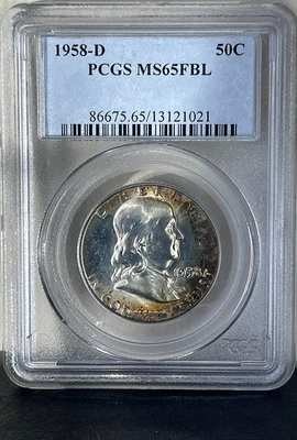 1958 D Franklin SILVER Half Dollar 50c PCGS MS65FBL-Nicely TONED! - Image 1 of 2