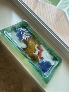 9.5” x 5” Colorful Fused Glass Trinket Dish Keys Vanity Decor Beautiful Abstract - Picture 1 of 9