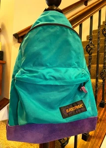 Vintage 90s EASTPAK Teal Green w/Purple Suede Bottom Bag Rucksack - Bild 1 von 13
