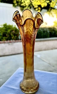 Vintage Fenton Marigold Hand Swung Vase Finely Ribbed Iridescent Carnival Glass - Picture 1 of 8