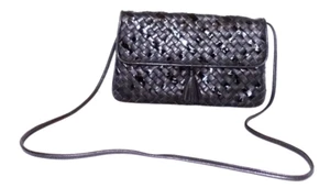vintage 80s Lisette NY black Woven leather patent demi bag shoulder purse clutch - Picture 1 of 13