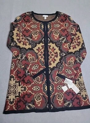 Charter Club Cardigan Sweater Womens XL Hook Geometric Metalic Gold Wine NEW - Image 1 of 4