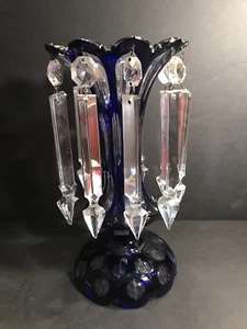 An Antique Blue Cobalt Cut To Clear Lamp With 10 Cut Clear Prisms Ca 1920 - Picture 1 of 12