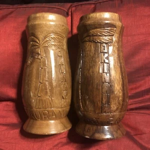 Wood Tiki Mug Set of Two Carved Sam’s Restaurant Group Okinawa Cup Vintage - Picture 1 of 9