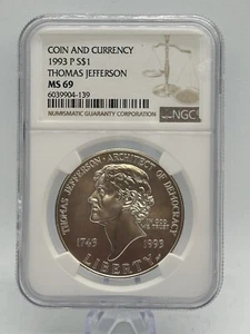 1993 P $1 NGC MS69 THOMAS JEFFERSON COMMEMORATIVE 90 % SILVER DOLLAR MINT STATE - Picture 1 of 2