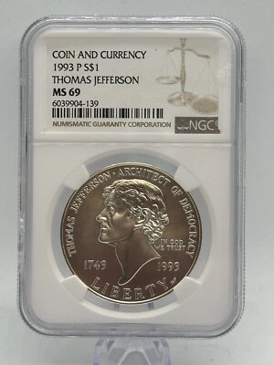 1993 P $1 NGC MS69 THOMAS JEFFERSON COMMEMORATIVE 90 % SILVER DOLLAR MINT STATE - Image 1 of 2