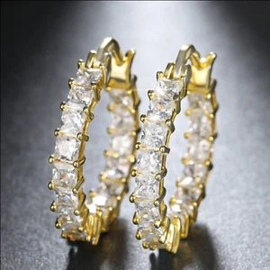 Gold Plated Hoop Earrings With Cubic Zirconia Unisex Hip Hop Jewelry Women, Men - Picture 1 of 13