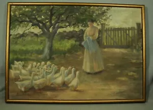 Flora Thomas McCaig 1856-1933 American artist original oil painting woman ducks - Picture 1 of 3
