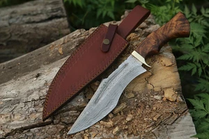 Cuchillo de caza de acero Damasco hecho a mano | Mango de madera burl | Protector de latón y cuero - Imagen 1 de 4