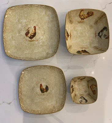 222 Fifth RUSTIC ROOSTER Fine China Serving Set Plate Bowl Chip & Dip Set Of 4 - Image 1 of 4