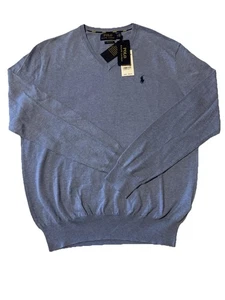 NWT Polo Ralph Lauren Men’s Blue Pima Cotton V-Neck Sweater Size Medium - Picture 1 of 7