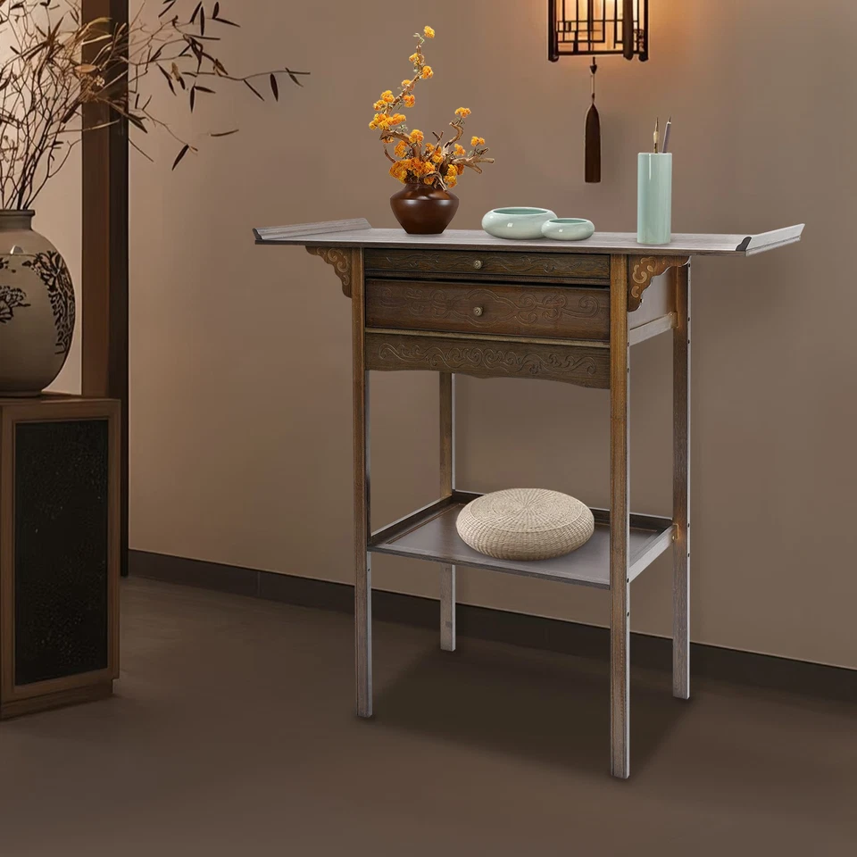 Mesa de altar marrón de 2 niveles con 2 cajones mesa de altar retro con almacenamiento Foto 1 de 4