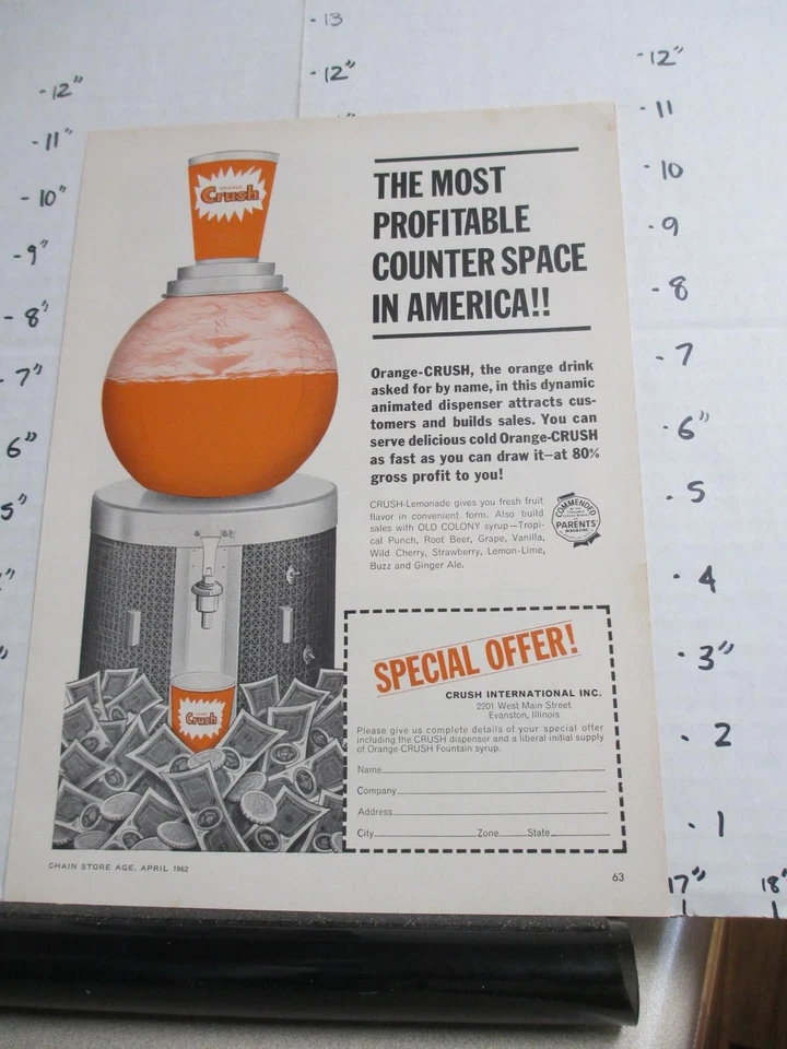 magazine ad 1960s ORANGE Crush International Evanston IL soda dispenser machine - Image 1 of 1