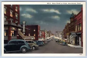MORRISTOWN TENNESSEE CALLE PRINCIPAL POR LA NOCHE VINTAGE LINO POSTAL HOTEL KINGMYER - Imagen 1 de 2