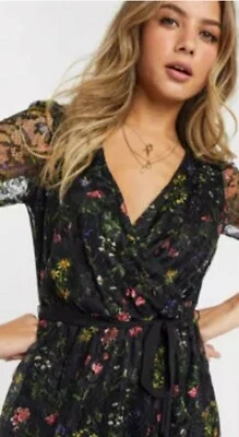 Oasis Black Floral Lace Wrap Midi Dress XS - 6 / 8 ? Belted VGC Was £48 - Image 1 of 4