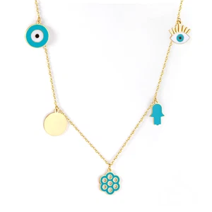 18k Gold Plated Multiple Turquoise Evil Eye Charms Necklace Pendant - Picture 1 of 5