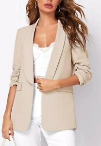 Womens Ladies Ruched Sleeve Fully Lined Blazer Collared Casual Formal Jacket Top