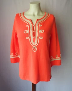 Calypso St. Barth Cashmere Sweater Embellished 3/4 Sleeve Bright Orange Cream S - Picture 1 of 8