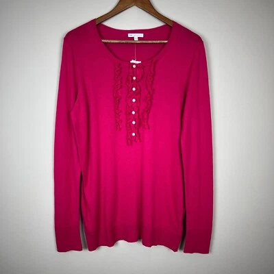 Gap Sweater Top Womens Large Pink Cotton Cashmere Long Sleeve Henley Ruffle New - Image 1 of 4