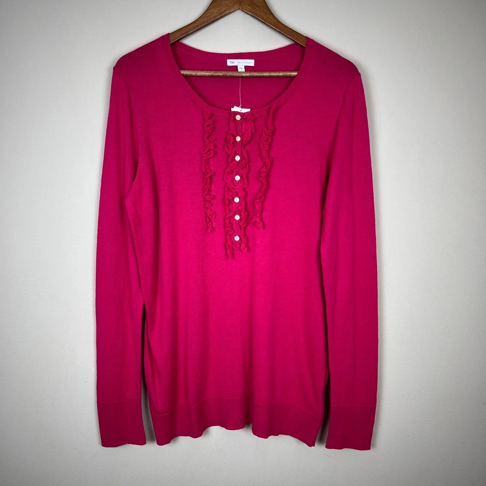 Gap Sweater Top Womens Large Pink Cotton Cashmere Long Sleeve Henley Ruffle New - Image 1 of 4