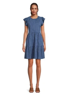 Time and Tru Women's Tiered Dress with Flutter Sleeves Dark Navy Plaid size 2XL - Picture 1 of 7