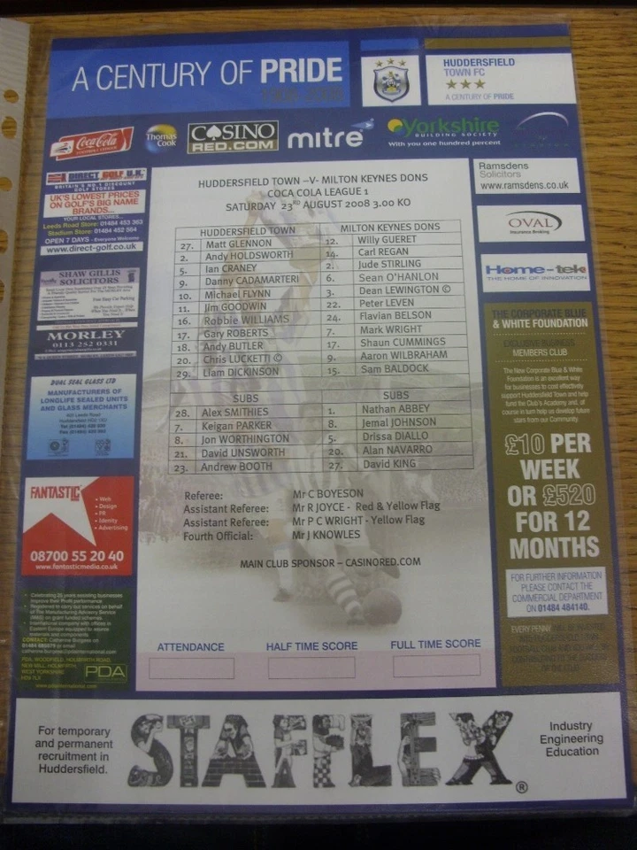 23/08/2008 Colour Teamsheet: Huddersfield Town v Milton Keynes Dons  .  Thanks f - Image 1 of 1