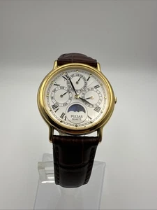 Vtg Pulsar Men V33F-7020 Dress Moon Phase Multifunction Leather Quartz Watch - Picture 1 of 9