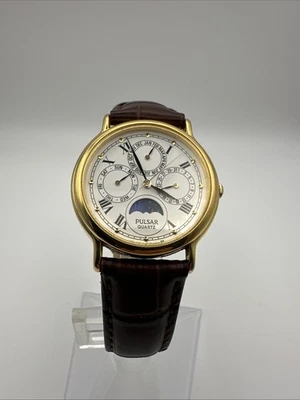 Vtg Pulsar Men V33F-7020 Dress Moon Phase Multifunction Leather Quartz Watch - Image 1 of 4