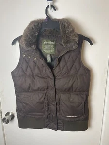 Women's Medium Eddie Bauer Premium Goose Down Vest Puffer Quilted Faux Fur Trim - Picture 1 of 11