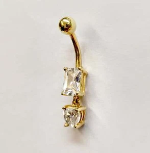 14K Gold Emerald cut Crystal Dangle Belly Bar, Navel Jewelery Piercing size 10mm - Picture 1 of 4