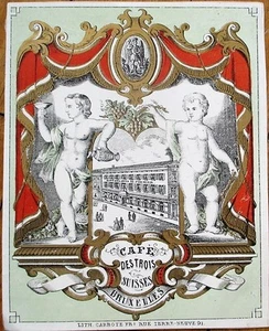 Café - etiqueta extremadamente temprana de la década de 1850, 'Cafe Des Trois Suisses, Bruselas' - Imagen 1 de 1