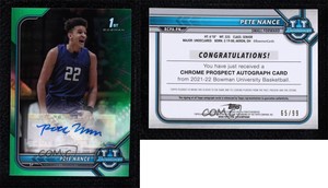 2021-22 Bowman University Chrome Prospect Green Refractor /99 Pete Nance Auto
