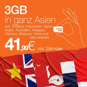 3GB — TravelSIM Prepaid-Karte für Asien: Thailand, Indien, etc // Ohne Vertrag - Bild 1 von 2