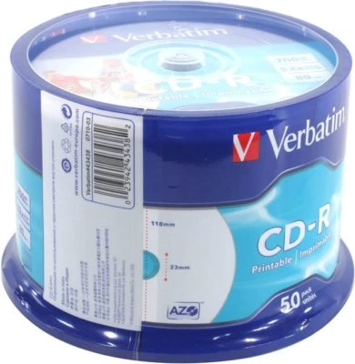 50 Genuine Verbatim Blank CD-R White CD Printable 700MB 52x 80Mins 43438 Spindle - Image 1 of 3