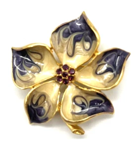 Vintage Purple Cream Enamel Purple Rein-stone Pansy Gold Tone Flower Brooch Pin - Picture 1 of 12