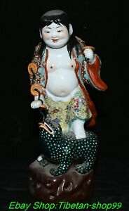 12.5" Old Qing Dynasty Famille Rose Porcelain Liu Hai Plays Golden Toad Statue