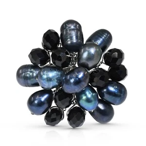 Elegante Anillo Destacado de Flor de Crisantemo Negro de Perlas - Imagen 1 de 6