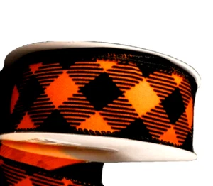 Orange Black Plaid 1.5" x 2 yd Diagonal Felt Pattern Halloween Fall Wreath Bow - Picture 1 of 3