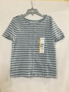 Wonder Nation Girls Short Sleeve Rib Top Shirt Light Gray Heather Teal Stripe - Picture 1 of 5