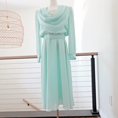 70s 80s Vintage Caron Chicago Aqua Maxi Dress Sz 12 Made in USA Draped Cowl Neck - Image 1 of 4