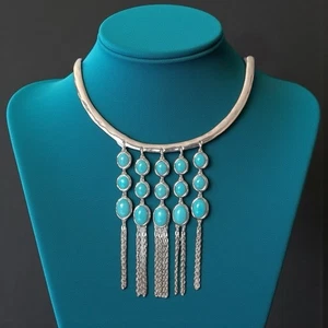 Chicos Bib Necklace Silver Tone Blue Turquoise Beads Reversible Statement Signed - Picture 1 of 10