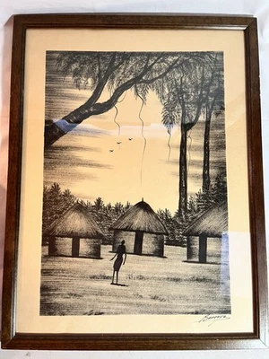 "Pintura original africana de carbón enmarcada cabaña pueblo arte popular firmado 22"" de colección" Foto 1 de 4