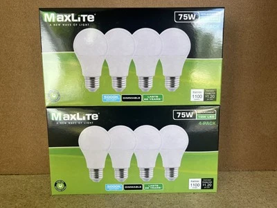 Paquete de 8 bombillas LED Maxlite 10W = 75 vatios reemplazo luz diurna A19 5000K luz LED 75W Foto 1 de 4