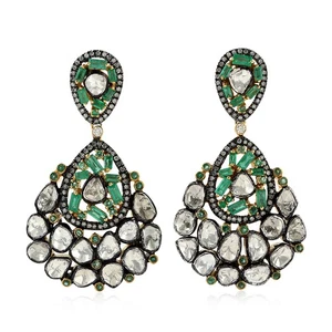 Rose Cut Diamond Green Emerald Pear Shape Dangle Earring 925 Silver Gold Jewelry - Picture 1 of 7
