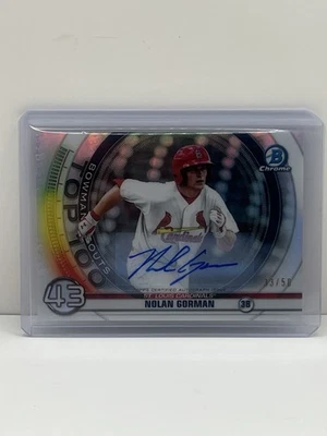 2020 Topps Bowman Chrome Top 100 autógrafo Nolan Gorman #33/50 nº BTP-43 - Imagem 1 de 2